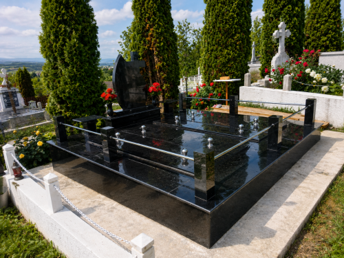 Monument funerar complet dublu cu cruce din granit Negru Absolut